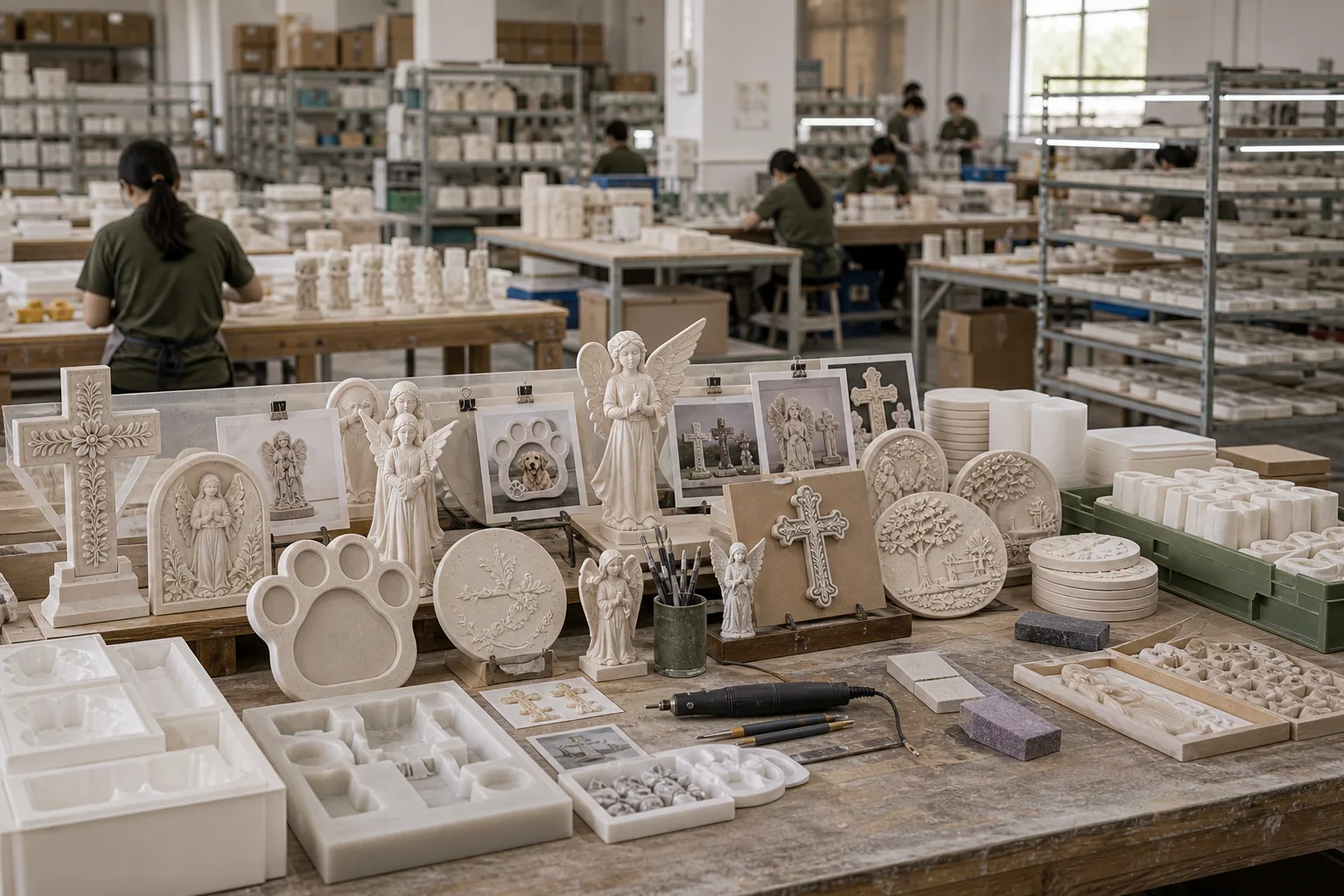 Resin craft factory workshop with production tables and sample shelves