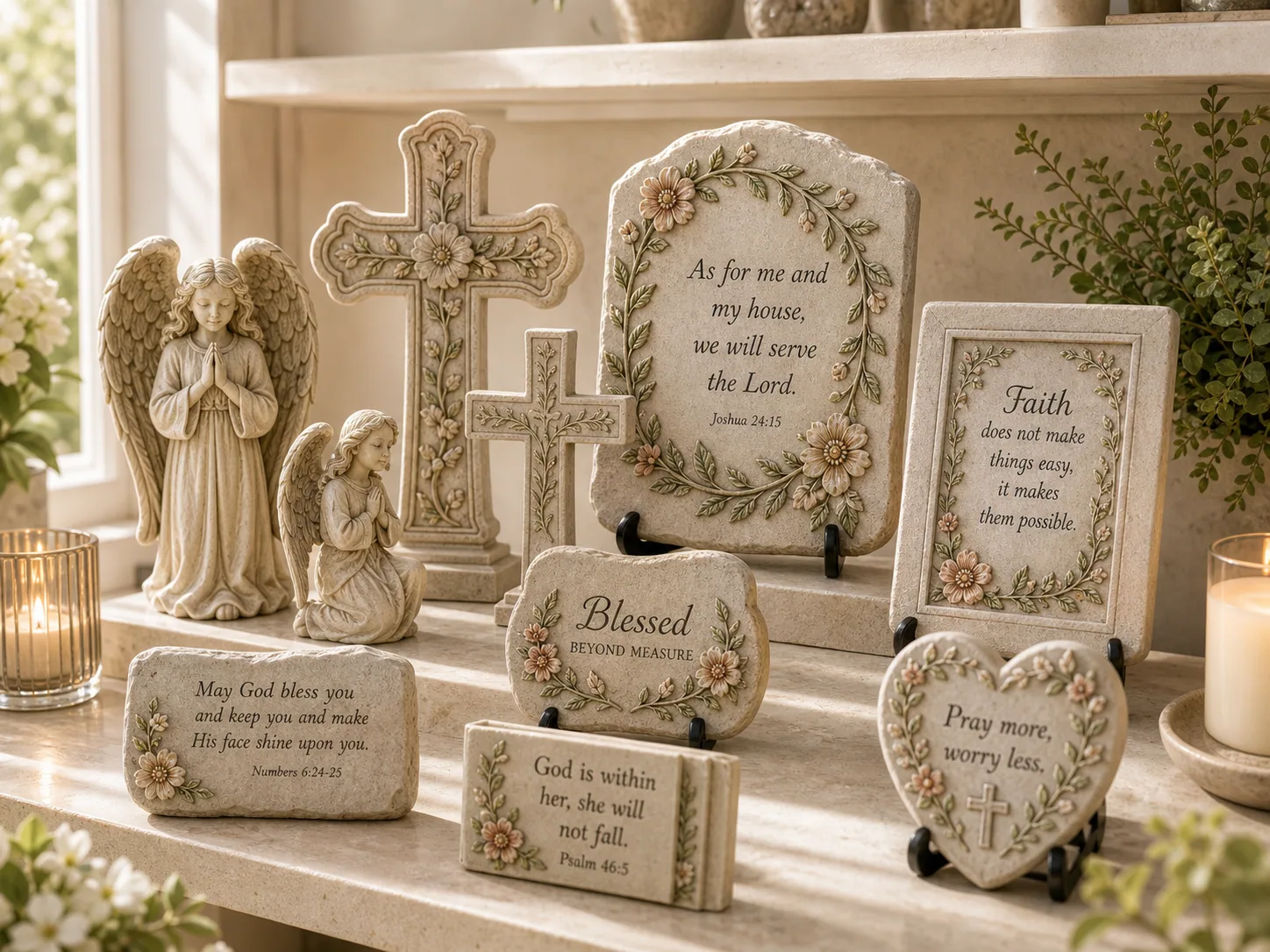 Resin crosses, angels, prayer frames, and blessing plaques in a warm faith gift display