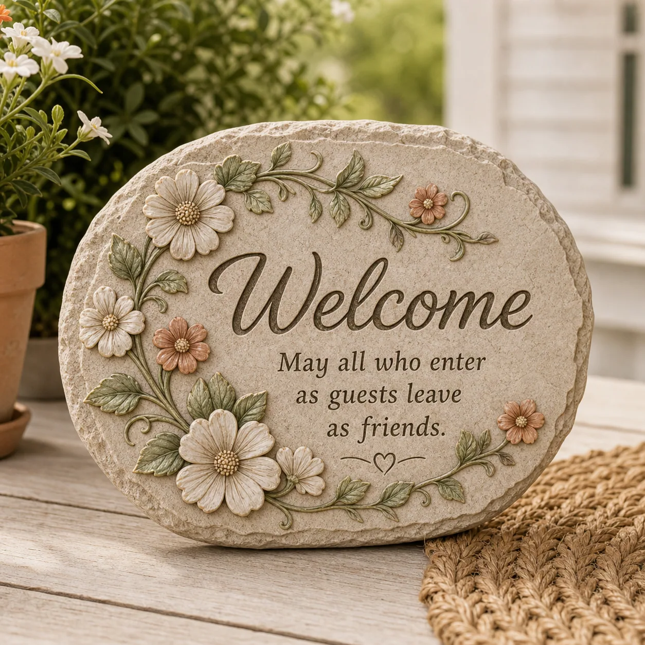 Floral resin welcome plaque for porch and garden retail