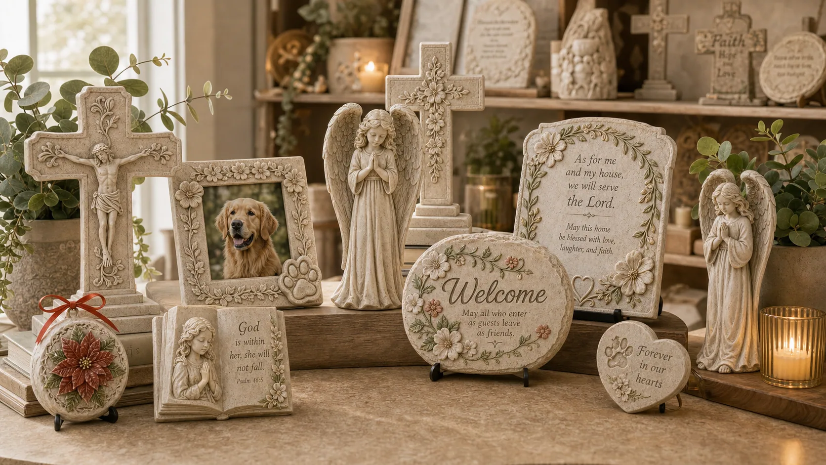 Religious resin crucifixes, angels, prayer plaques, and blessing gifts