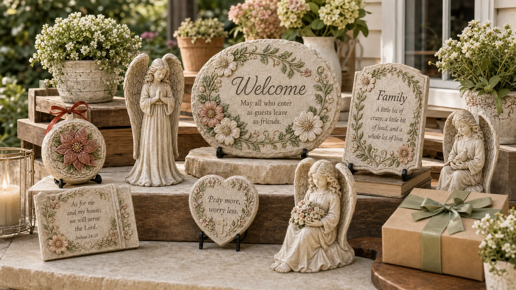 Resin welcome plaques, garden angels, blessing signs, and floral decor