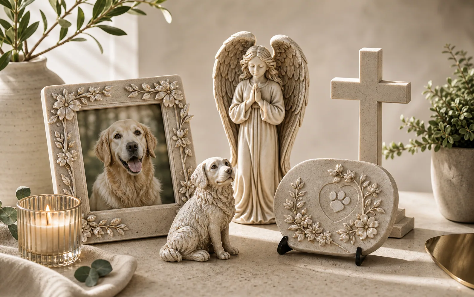 Resin pet frame, mini figure, angel, cross, and keepsake plaque collection