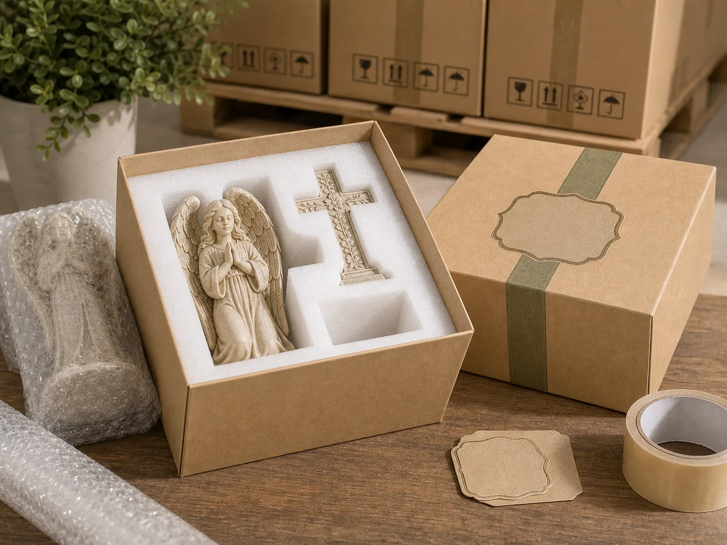 Resin angel and cross protected in fitted gift box packaging