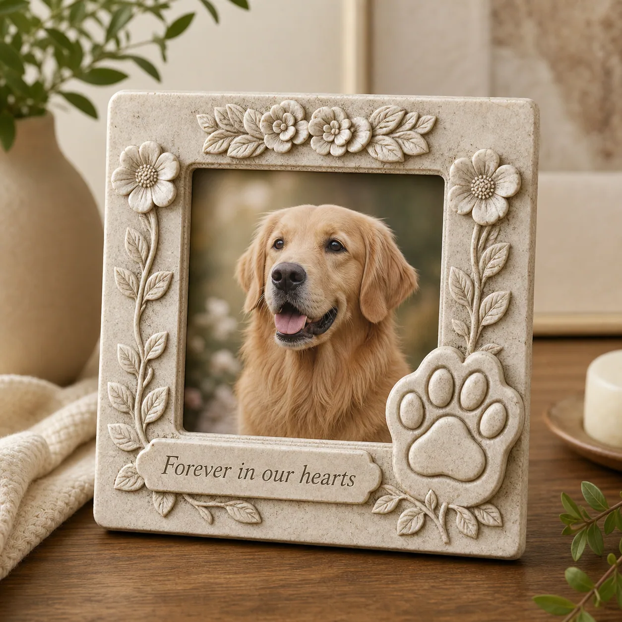 Resin pet keepsake photo frame with floral relief