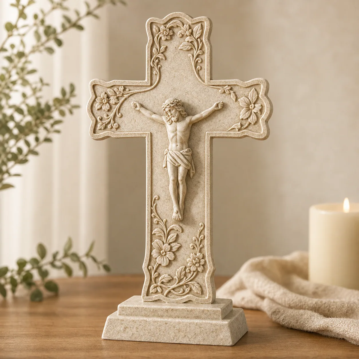 Detailed tabletop resin crucifix for religious gift retail